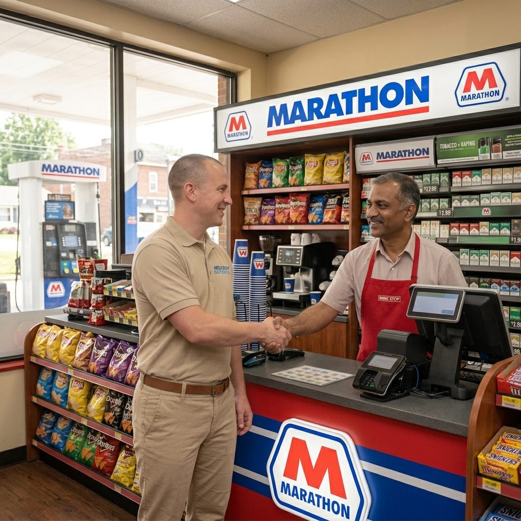 A Keilson-Dayton sales representative shaking hands with a store owner at the counter